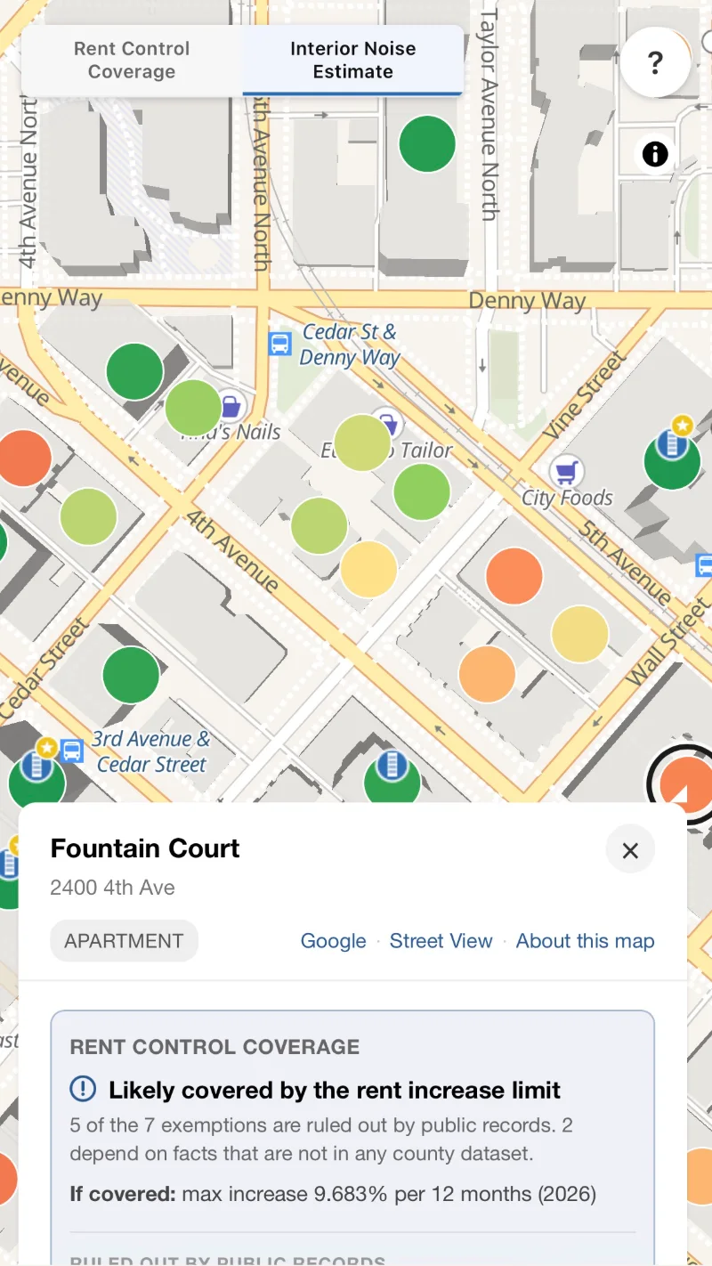 The noise map on a phone with Fountain Court open: likely covered by the rent increase limit, 5 of the 7 exemptions ruled out, capped at a 9.683% increase per 12 months in 2026