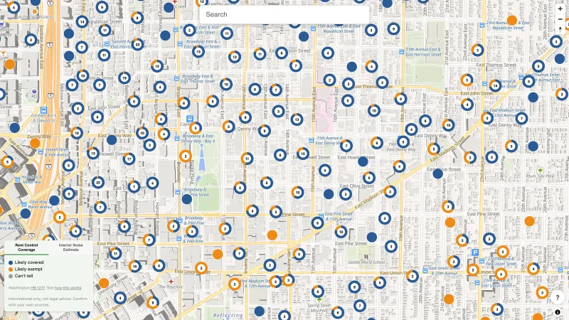 Map of Capitol Hill apartment buildings colored by rent control coverage