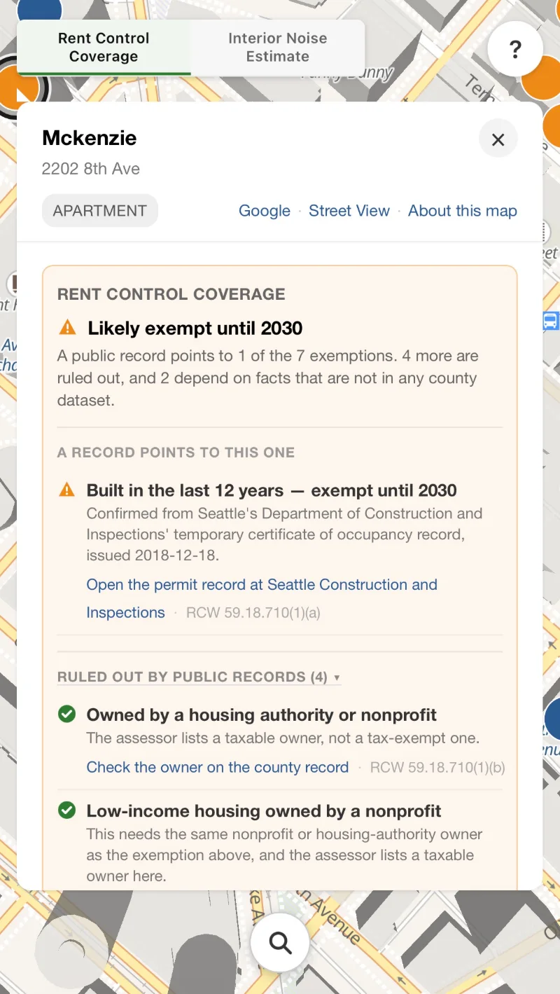 On a phone: the Mckenzie at 2202 8th Ave is likely exempt until 2030, confirmed from Seattle's temporary certificate of occupancy issued 2018-12-18, with four more exemptions ruled out by county records