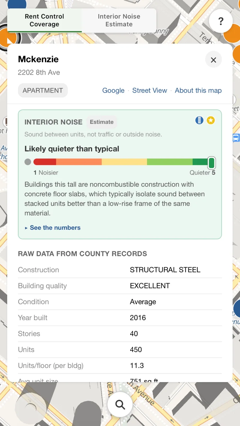 The same building's interior noise estimate, likely quieter than typical because a 40-storey steel tower with concrete floor slabs isolates sound better, above the raw county records
