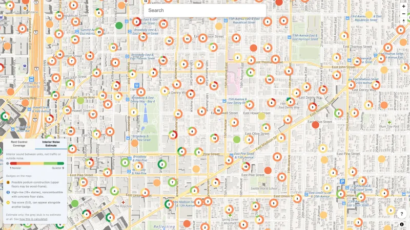 The same map colored by estimated interior noise, from red for noisier buildings to green for quieter ones