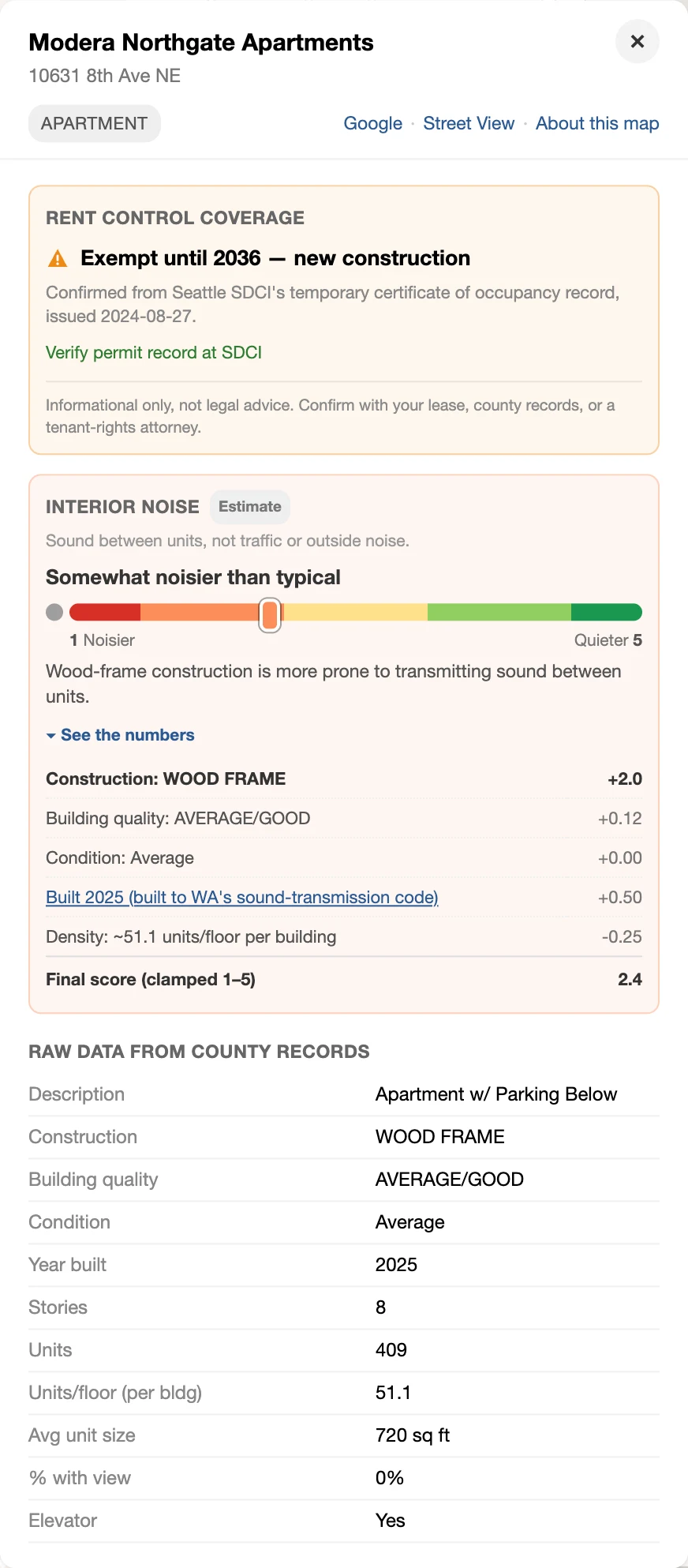 Building card showing a rent control exemption, a noise score breakdown, and raw county records